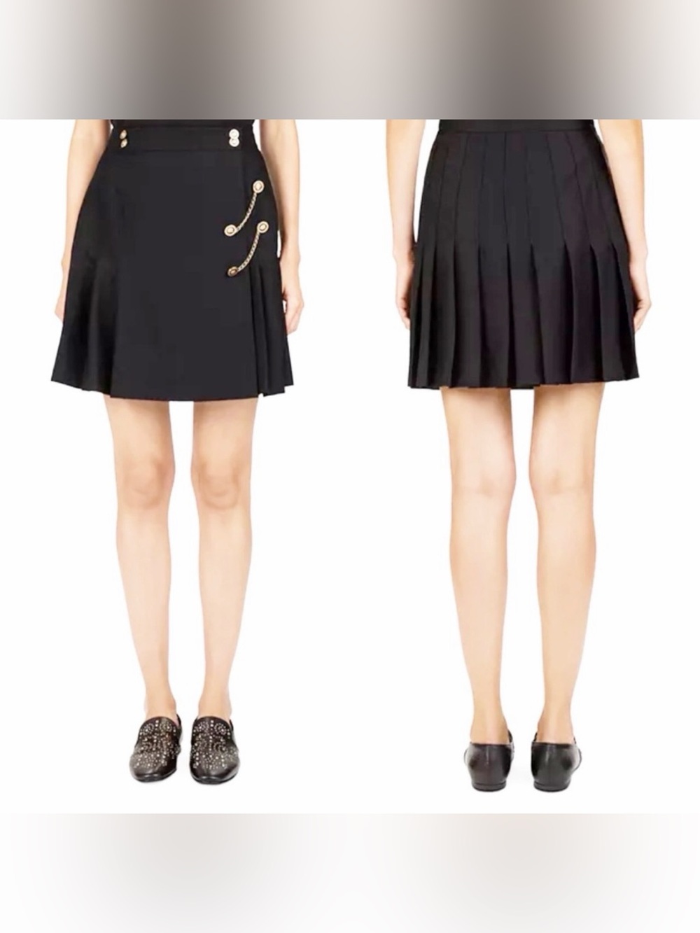 The Kooples Pleated Chain Detail Button Asymmetrical Academia Mini Skirt Size 1